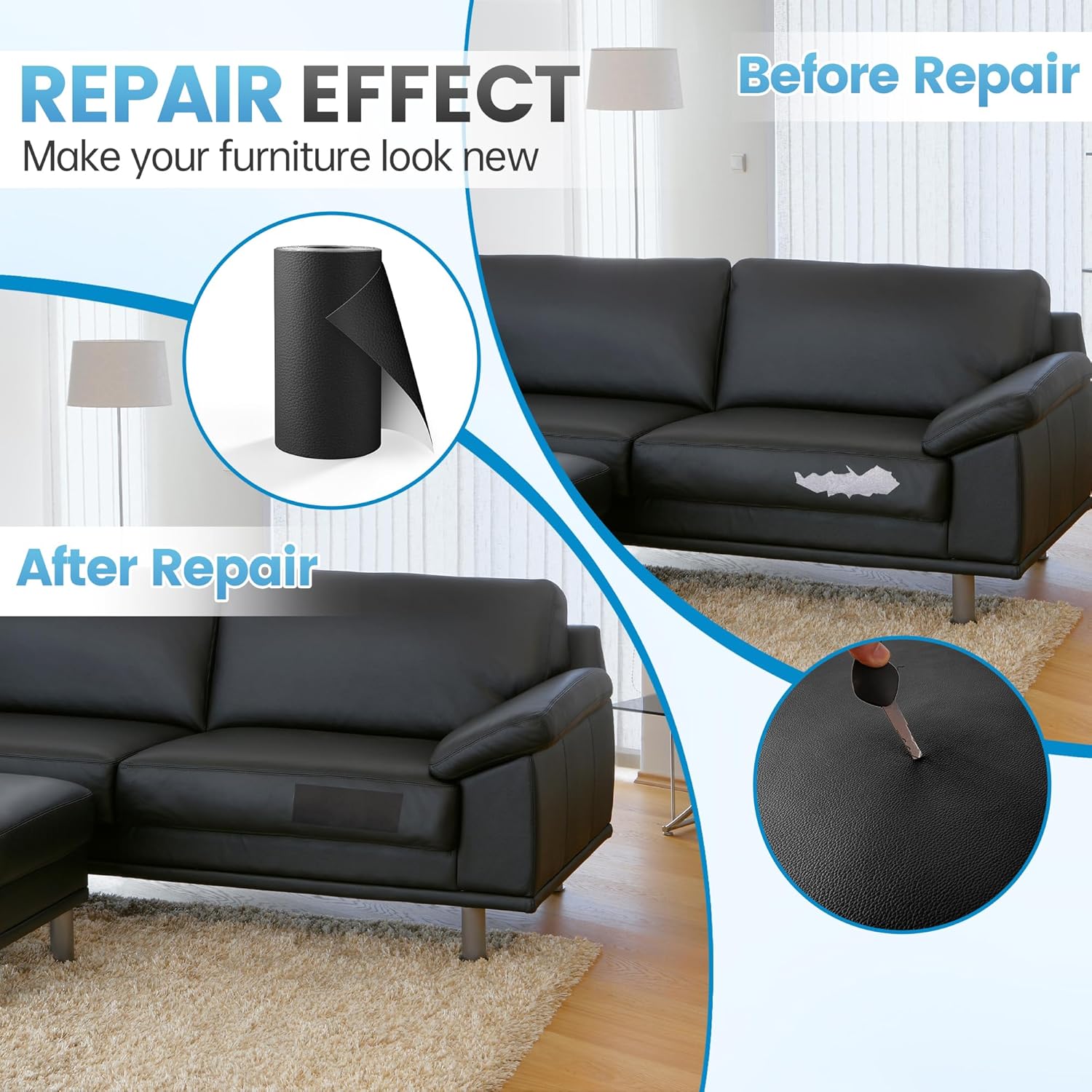 Leather Repair Patch Tape Kit, 4" x 63" Self Adhesive Leather Repair Patch for Furniture, Vinyl Leather Repair Kit for Car Seat, Chairs, Couch, Sofa, Boat Black