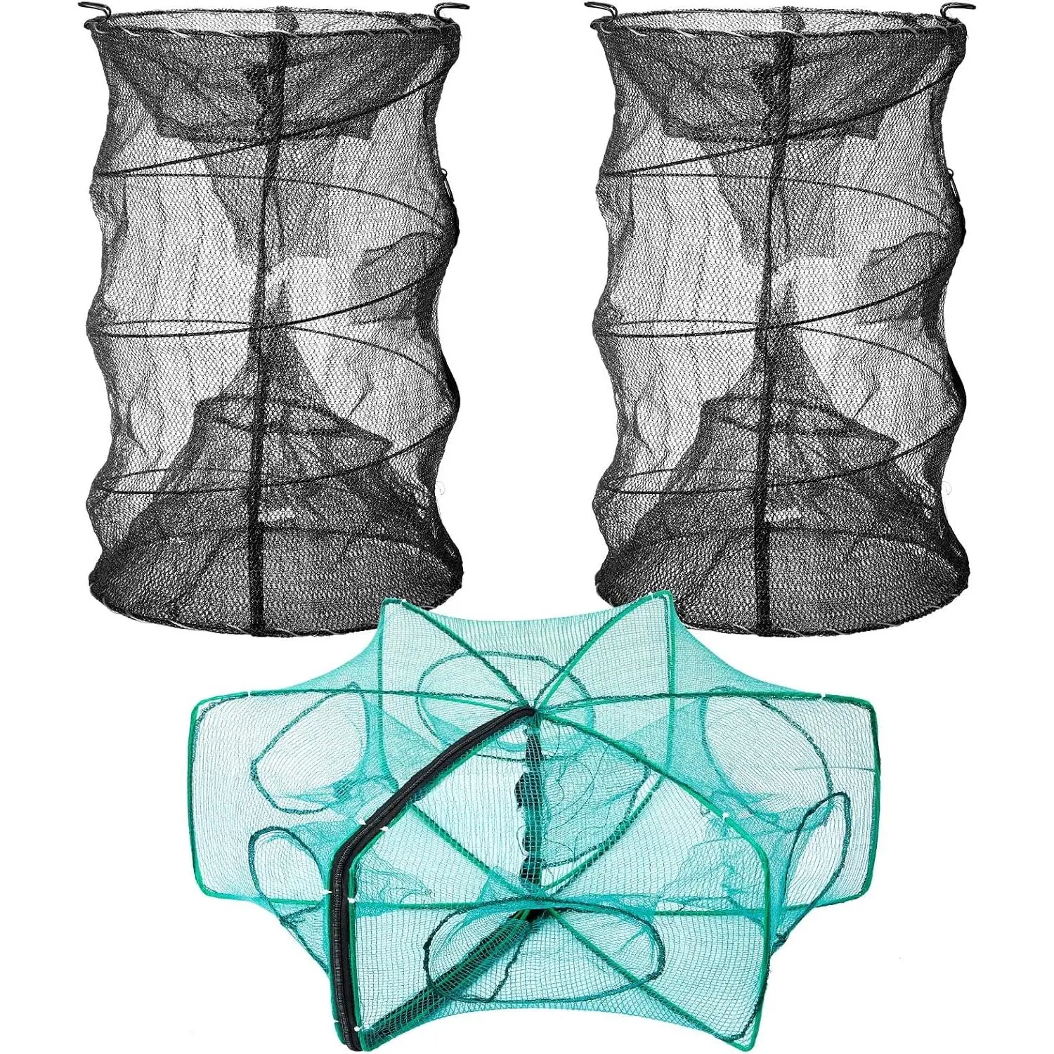 3 count Minnow , Include 2 Fishing   1 Cylindrical Hexagon Crab Crawfish , Lobster Shrimp Collapsible Cast Nets Portable Folded Fishing Accessories,12x21.65 Inches