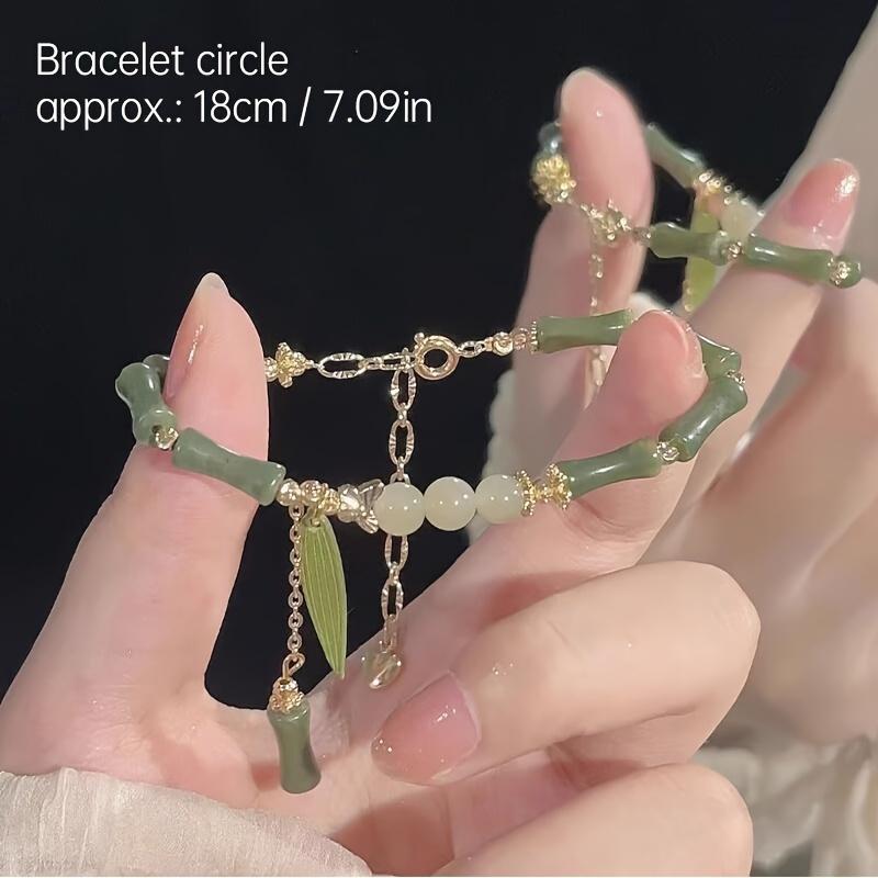 Elegant Women Transparent Green Glass Bamboo Bead Bracelet Charm Leaf Handmade Beaded Bangle Fashion Accessory Vintage Golden Butterfly Pendant Bracelet