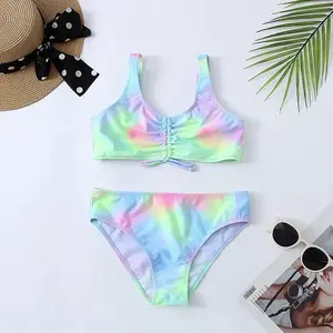 Tie Dye Girls Swimsuit Kids 7-16 Years Two Piece Children's Swimwear Ruched Front Bikini Set Teen Bathing Suit 2022 Beachwear