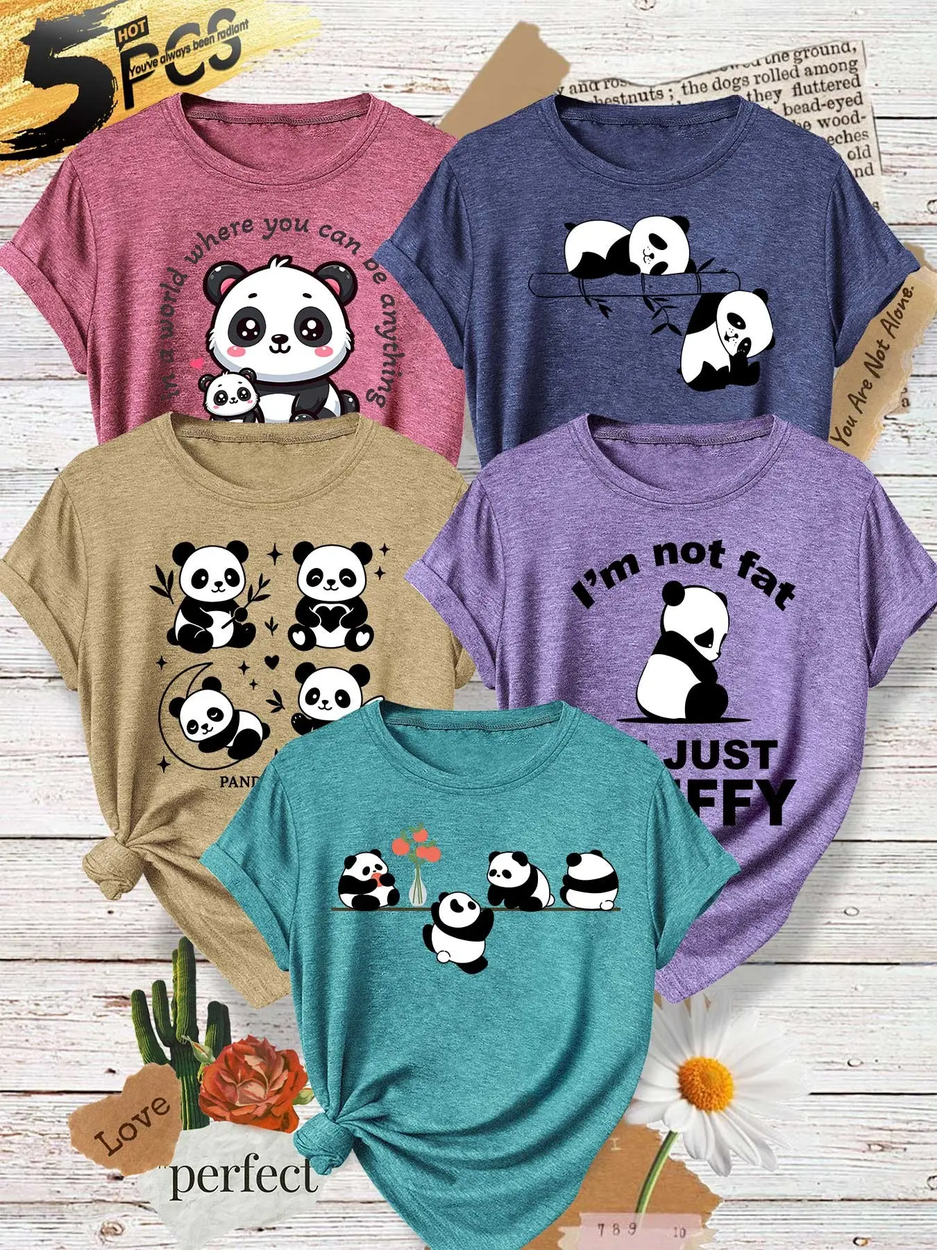 Five-Piece Women's Round Neck T-Shirts, Cute Panda Print, Soft Fabric, Casual Summer Top, Fashion Design