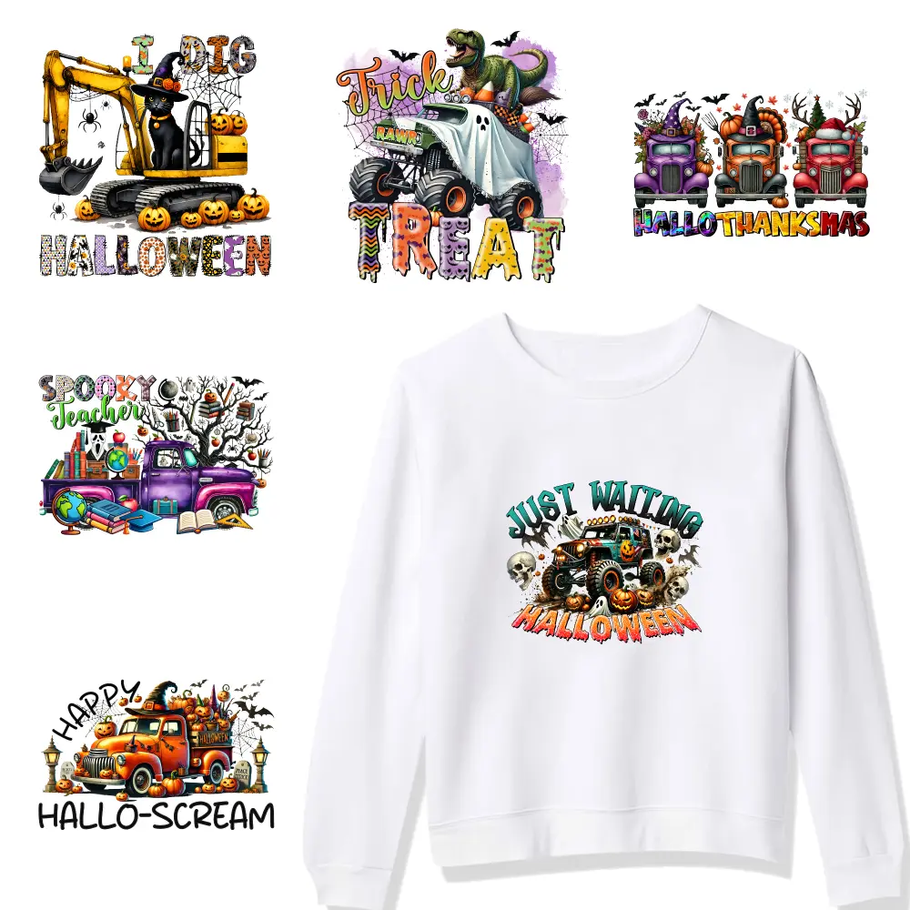 6 Pcs Halloween Truck Iron on Transfers Hoodie DIY Crafts Washable heat transfer stickers iron on decals Easy to heat press decals for Clothing T-Shirt Jeans Applications Press Washable Stickers