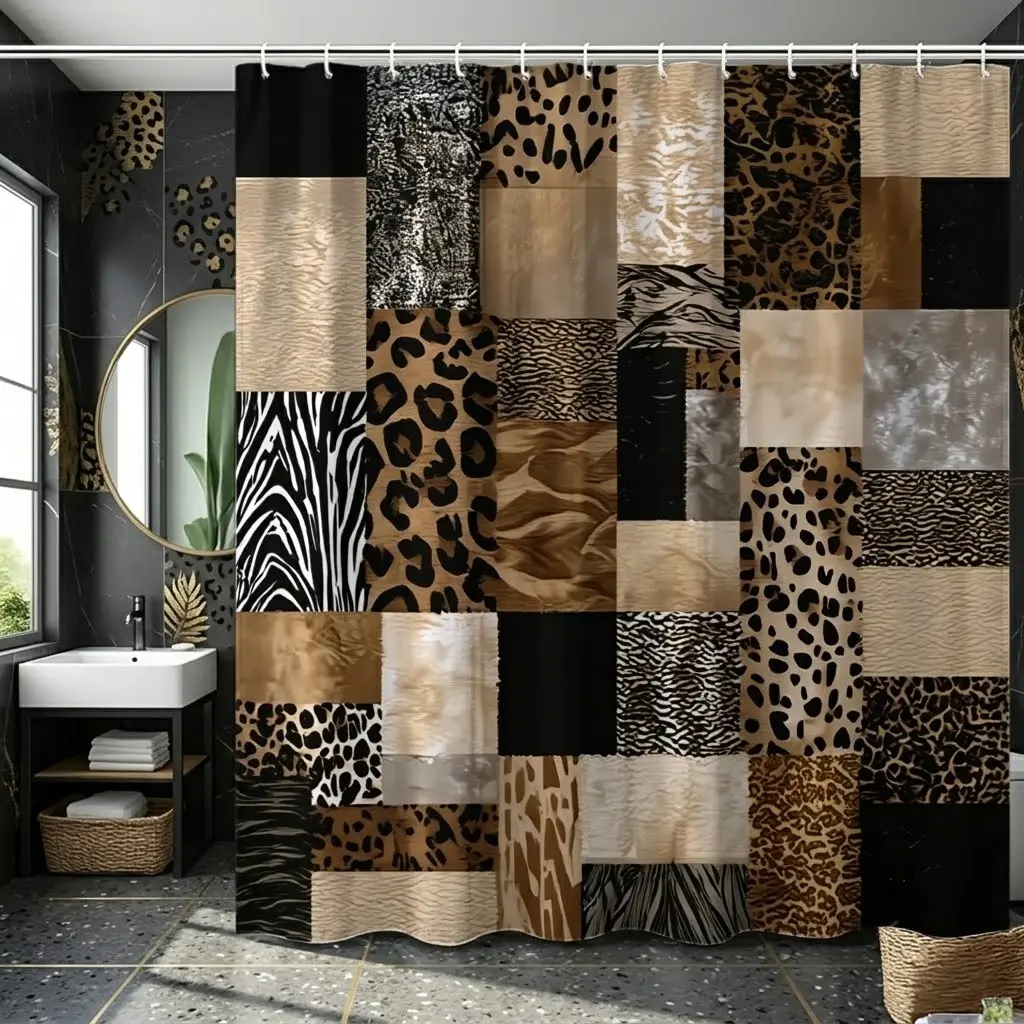 1pcs Boho Patchwork Animal Print Decorative Shower Curtain, Leopard Zebra Giraffe Cow Mixed Wild Skin Block Panel Print Bathroom Curtain, Neutral Earth Tone Modern Chic Home Decor for Fall Halloween Holiday Bathroom Restyle