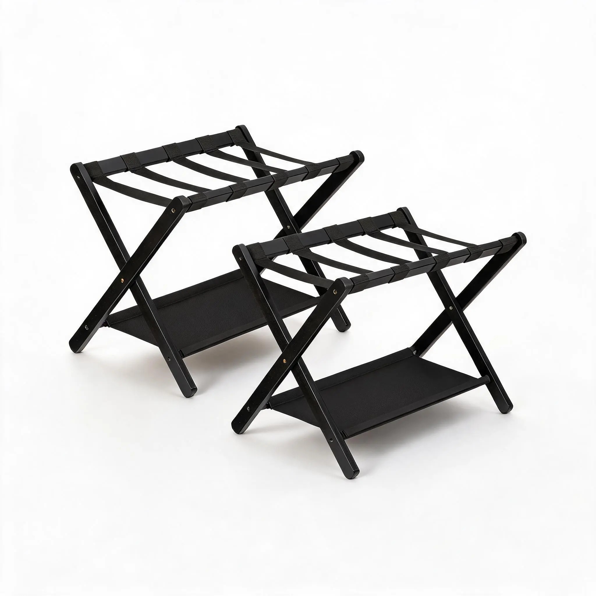 Bamboo Folding Luggage Rack with Storage Shelf, 110 lbs Portable Suitcase Stand with Nylon Straps, Space Saving for Bedroom Guest Room Hotel, 1PC/2PCS, Black/Brown/White