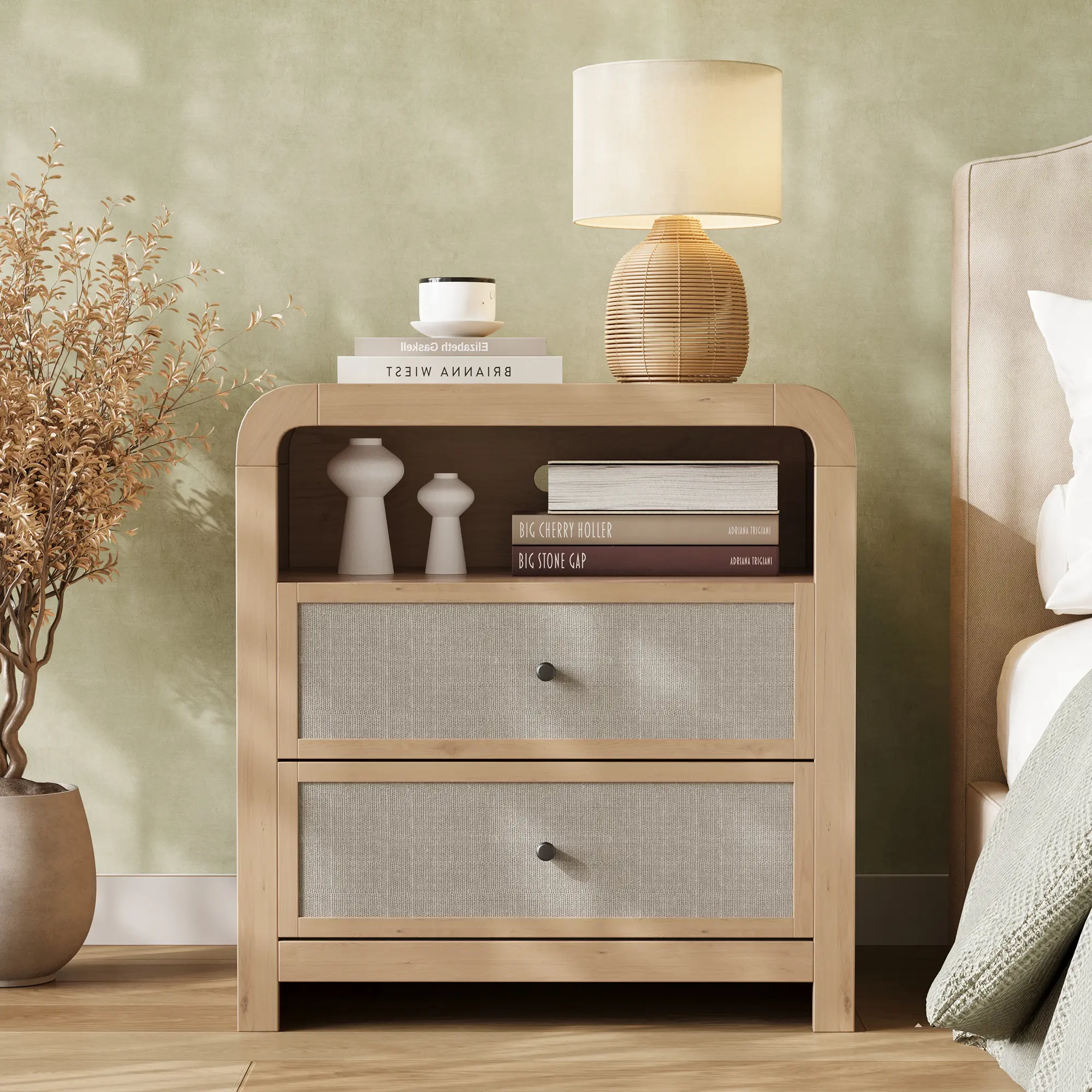 Nightstand with Charging Station, 23'' Wide Modern Wood Night Stand, 2 Drawers & Open Shelf with USB/Type-C Ports, Wooden Bedside End Table for Bedroom,Living Room, Entryway