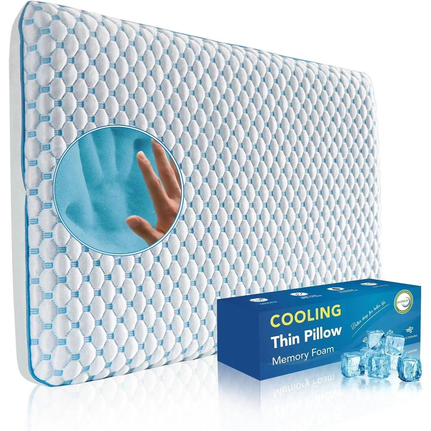 Flat Soft Thin Memory Foam Stomach Sleeping Pillow for Back & Stomach Sleeper, Cooling 1.75-Inch Ultra Thin Pillow for Back Shoulder Neck Pain Relief