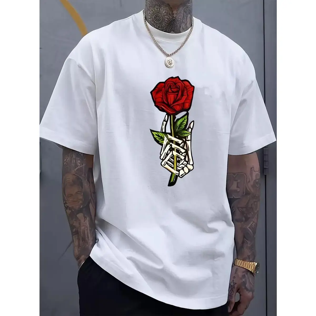 KZZ Menswear 100% Cotton Fabric Floral Rose Printed T-Shirt - Short-Sleeve Crew Neck Breathable Streetwear Top for Casual Daily Wear, Sizes Up to 5XL (Incl. 4XL)