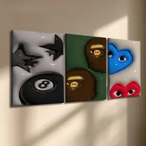3 Pcs/Set Wooden-Framed Canvas Painting, Pop Art With Billiard Eight Ball Star Ape Head And Eyed Heart Shapes Modern Street Culture For Living Room, Bedroom, Kitchen, Dining Area, Entryway, Office, Modern Home Decor, Fashion Artistic Ornaments, Artwork
