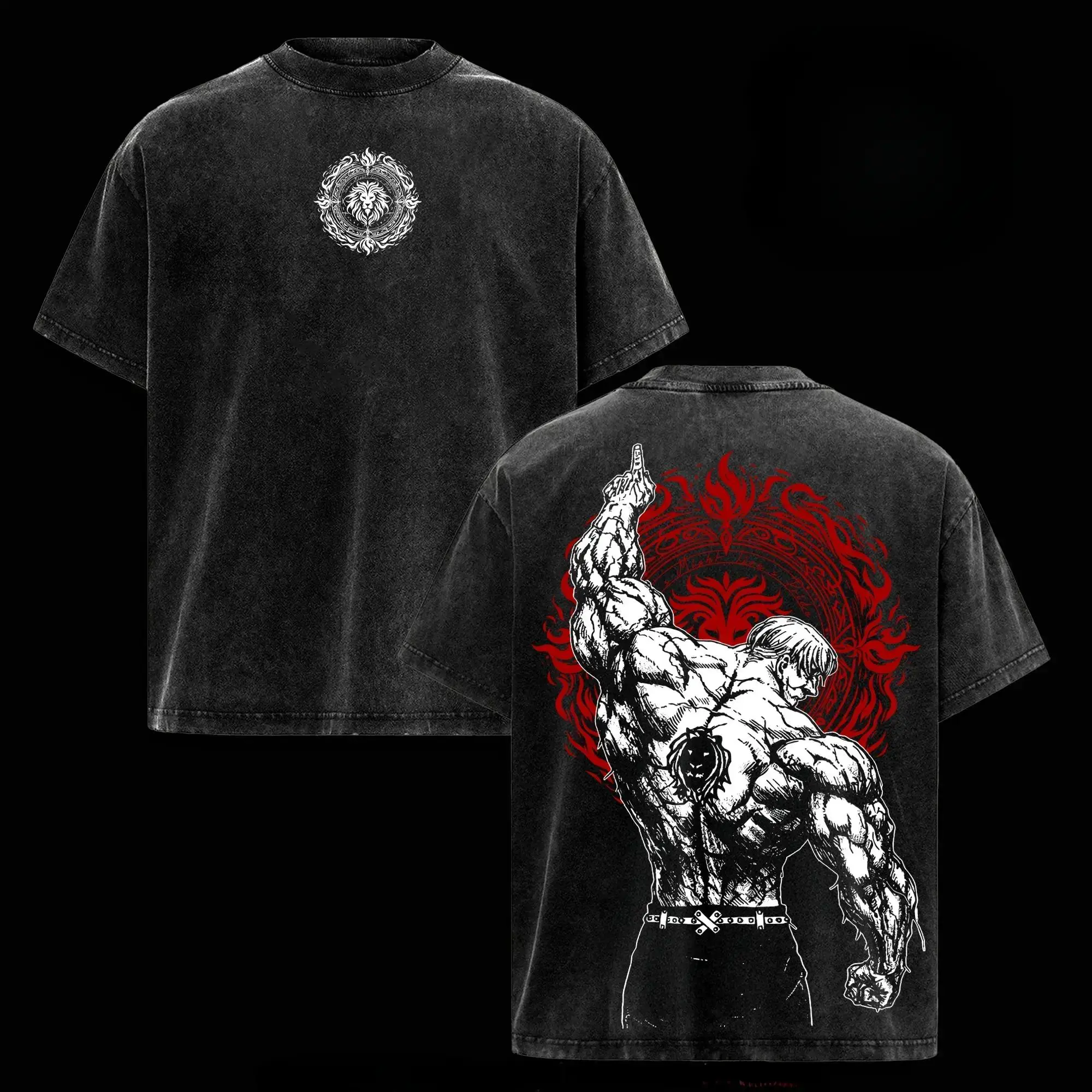 Men's Oversized Heavyweight Cotton T-Shirt, Yujiro Hanma Vintage Wash Anime Graphic Tee, Shortsleeve Grunge Streetwear for Year-Round Gym Wear, Menswear, Ribbed, Fitness, Distressed, Tshirt
