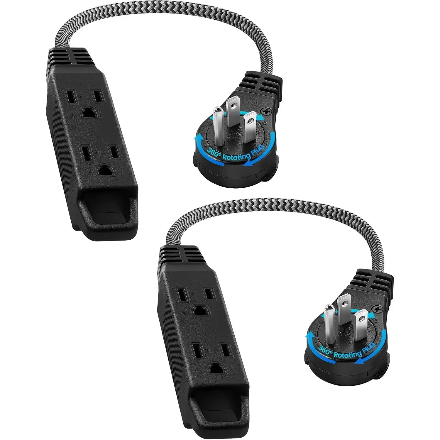 1Ft 360° Rotating Flat Plug Extension Cord with 3 Outlets, 2 Pack | Braided Flat Black Extension Cord for Indoor Use, Small Space, 16/3C SPT, ETL Listed
