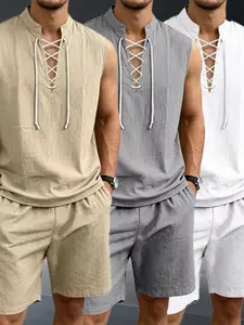 Men's Summer Linen Casual Retro Medieval Drawstring Loose Vacation Sleeveless Top Shorts Set, Three-Piece, Comfortable and Stylish