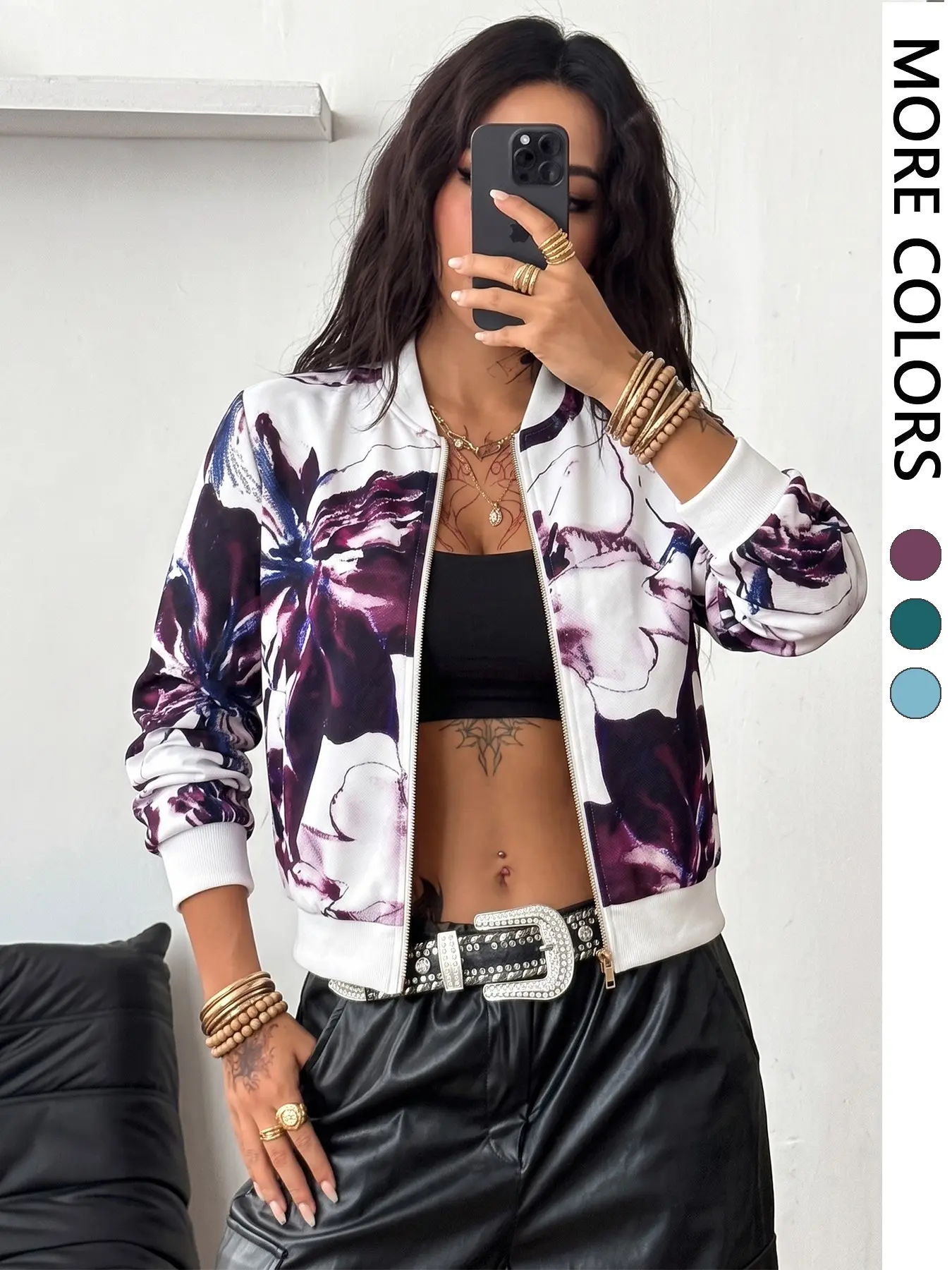 1pc Floral Print Cropped Bomber Jacket, Zip-Up Stand Collar Long Sleeve Jacket, Y2K Streetwear Outerwear for Daily, Dating, Club & Concert Outfits