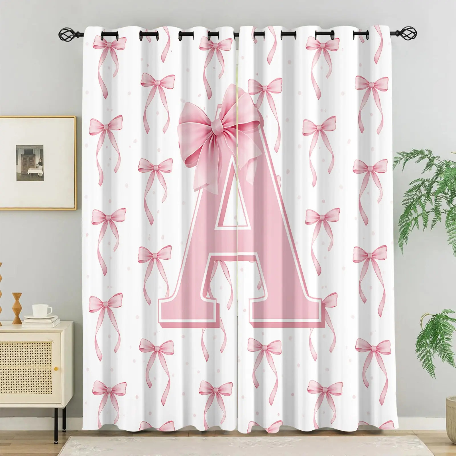 Initial Letter Bow A Curtains for Bedroom Living Room Coquette Pink Bow Blackout Shades Princess Room Darkening Curtain Window Treatments, 2 Panels No-Hook Washable Fabric Curtain for Windows