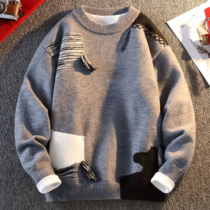 Men'S Irregular Color-Block Patchwork Crew Neck Sweater, Handcrafted With Tassel Fringes, Vintage Distressed Patchwork Design, Suitable For Autumn And Winter, Can Be Worn Alone Or As An Inner Layer, Trendy Couple'S Knit Sweater # Sohochic