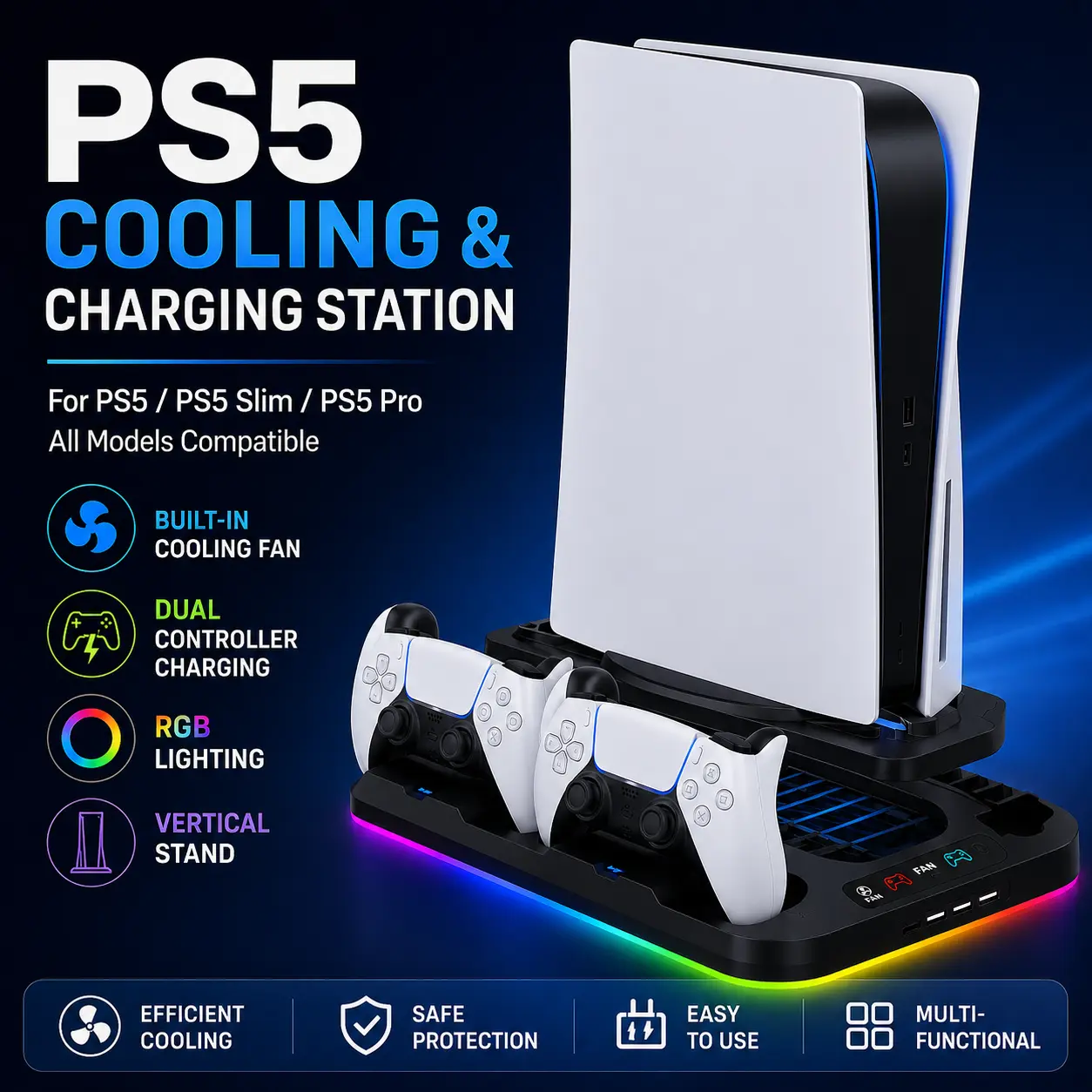 Charging Base Cooling Bracket for PS5 Console, Vertical Stand with Cooling Fan, Multi-Functional Charging & Cooling Station for PS5 Slim, Pro & All Models, Universal Gaming Accessory