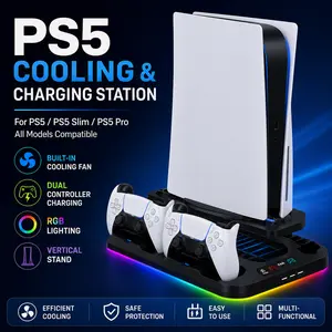 Charging Base Cooling Bracket for PS5 Console, Vertical Stand with Cooling Fan, Multi-Functional Charging & Cooling Station for PS5 Slim, Pro & All Models, Universal Gaming Accessory