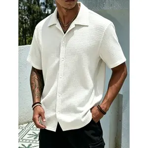 Veiskor Men's Textured Button Front Neckline Shirt, Casual Classic Regular Fit Short Sleeve Plain Collared Top for Summer, Summer Leisure Top 2026 National Day Clothing, Button Up Tops, Men's Clothes for Daily Wear