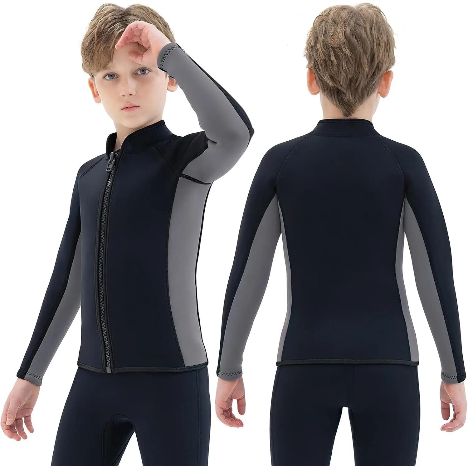 3mm Neoprene Kids Wetsuit Top Jacket, Long Sleeve Front Zipper Children's Wetsuit Shirt Swimsuit for Boys Girls Toddler Youth, for Swimming Surfing Diving Snorkeling Water Sports
