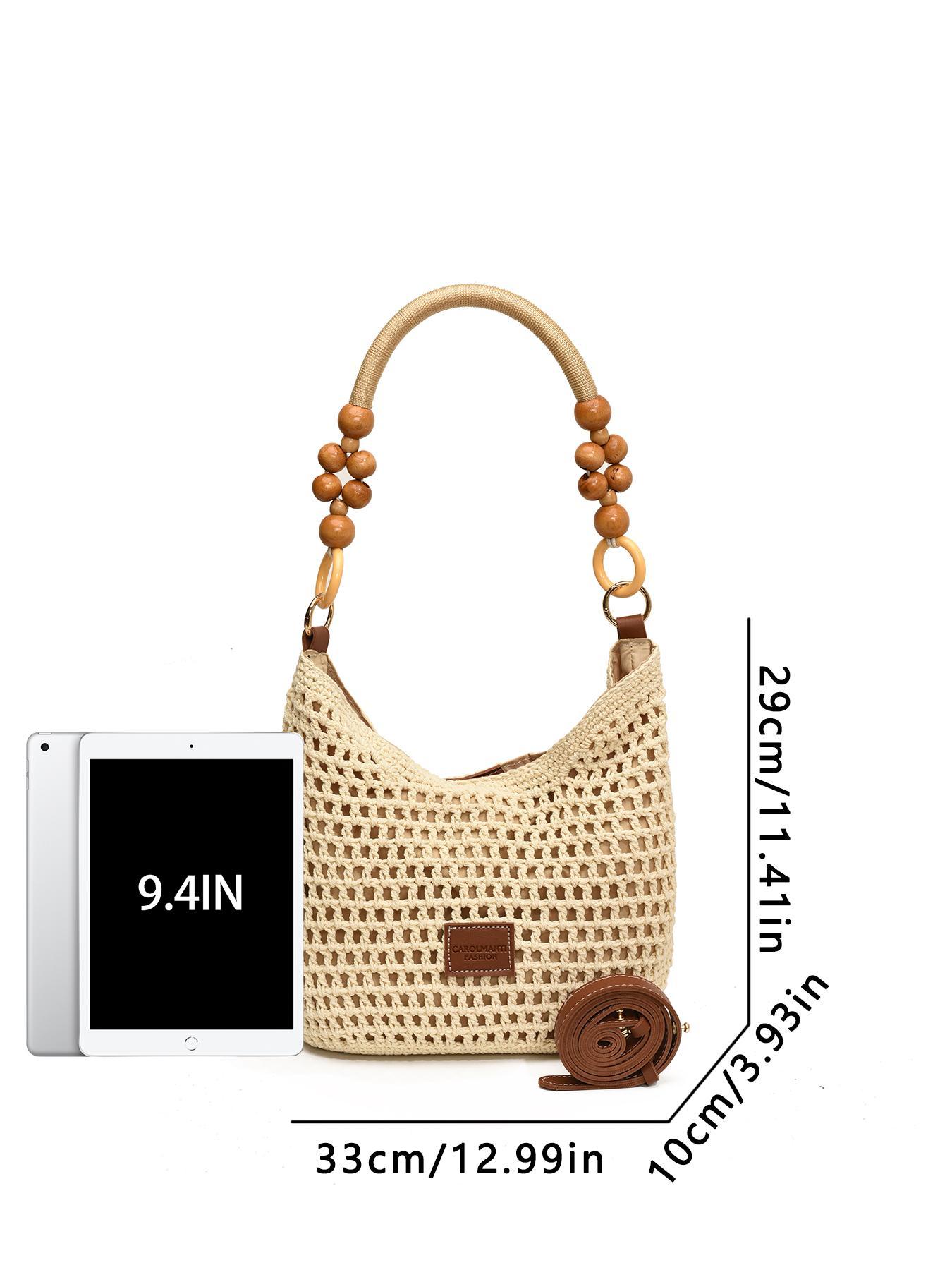 Women's Elegant Crochet Crossbody Bag, Fashionable Shoulder Bag with Wooden Beads Handle, Casual Trendy Versatile High-quality Daily Commuting Bag, Crossbody Purse, Casual Commuter Bag