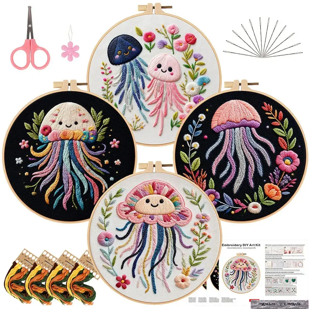 New Jellyfish DIY Embroidery Kit - Floral & Ocean-Inspired Beginner Needlework Pack with Fabric, Threads, Hoop, Stainless Steel & Plastic Materials, Fashion Accessory Set for Home Decor & Gifting, 1 Kit For Beginner Needlework, Room Decor, Cross Stitch, W