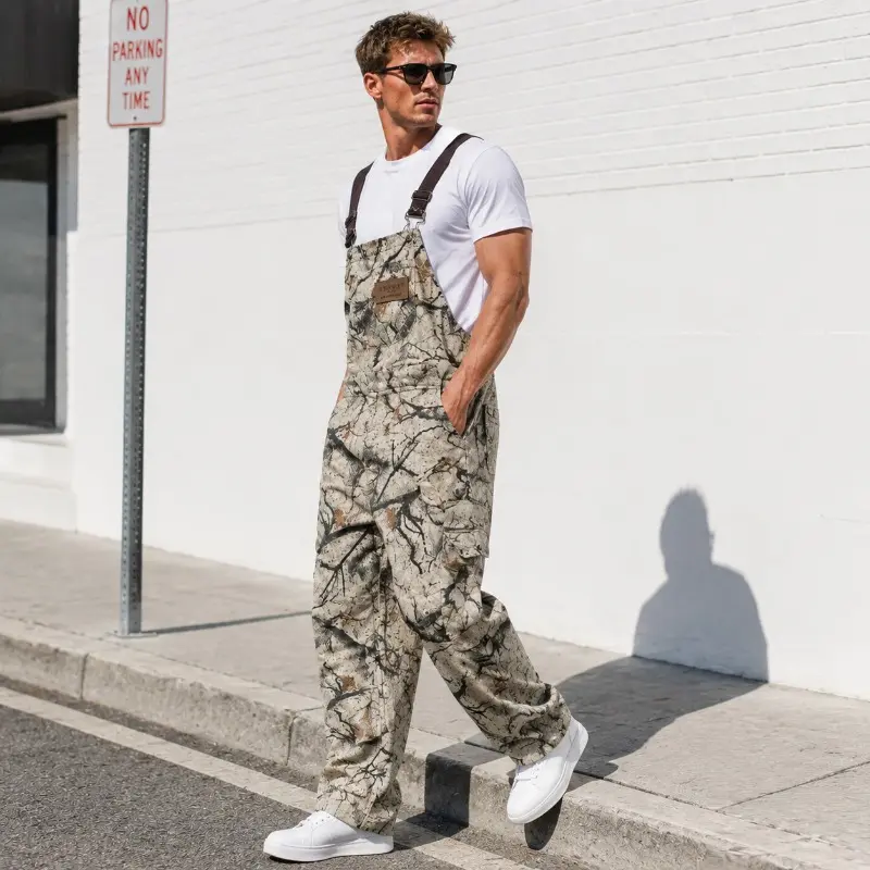 Men’s Vintage Tree Branch Camo Denim Fabric Overalls - Menswear Straight Leg Adjustable Strapping Overalls, Easy to Wear Workwear Jumpsuit with Bib Pants for Casual & Outdoor Use, Easy To Wear Overalls