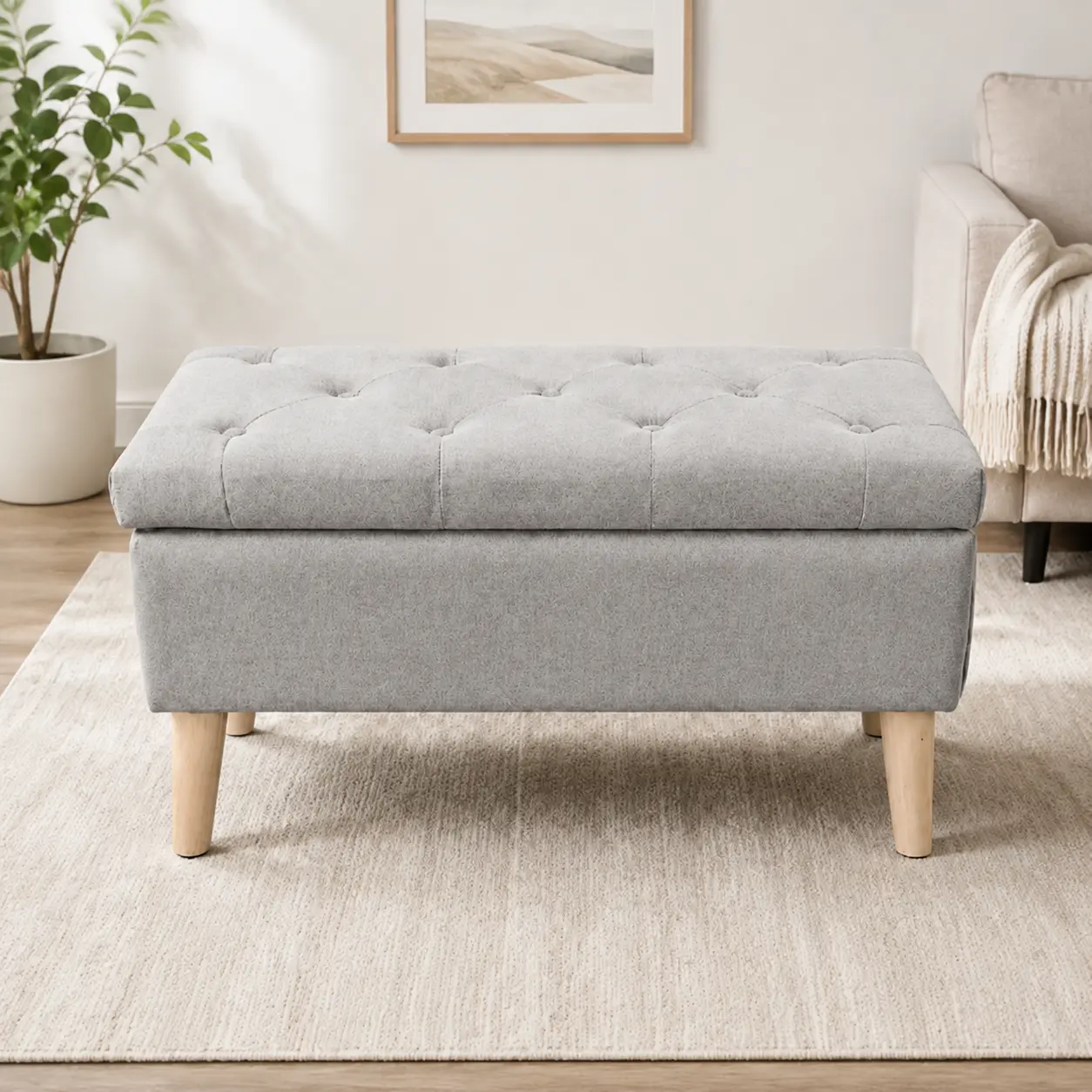 ARCH Linen Upholstered Storage Ottoman Bench - 32" Wide Flip-Top Tray Single Seat, Hidden Storage Footrest Stool for Living Room, Contemporary Indoor Furniture End-of-Bed Relaxing Seat, Grey