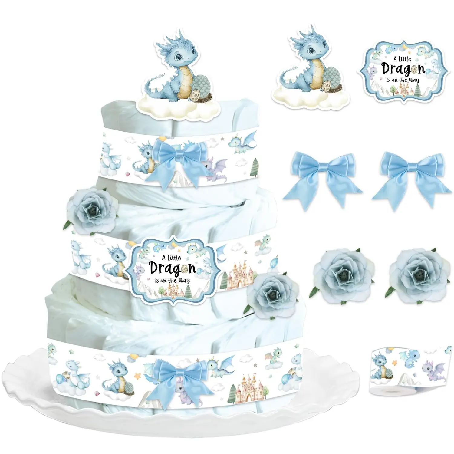 1Set Dragon Theme Baby Shower Diaper Cake Decorations Hatching Soon Baby Shower Cards Grosgrain Ribbon Dragon Printed Blue Bows Artificial Camellia Flowers for Party Decor