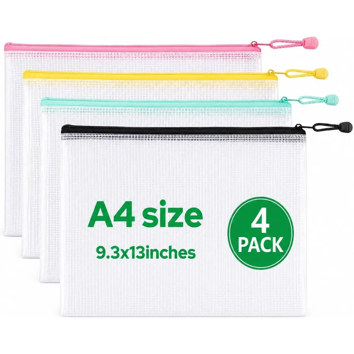 Mesh Zipper Bags 4 Pack A4 Size Plastic Storage Pouches with Zipper | Water-Resistant Clear Mesh Organizer for Documents Papers, Office Supplies,  Travel Toiletries,  A4 Size