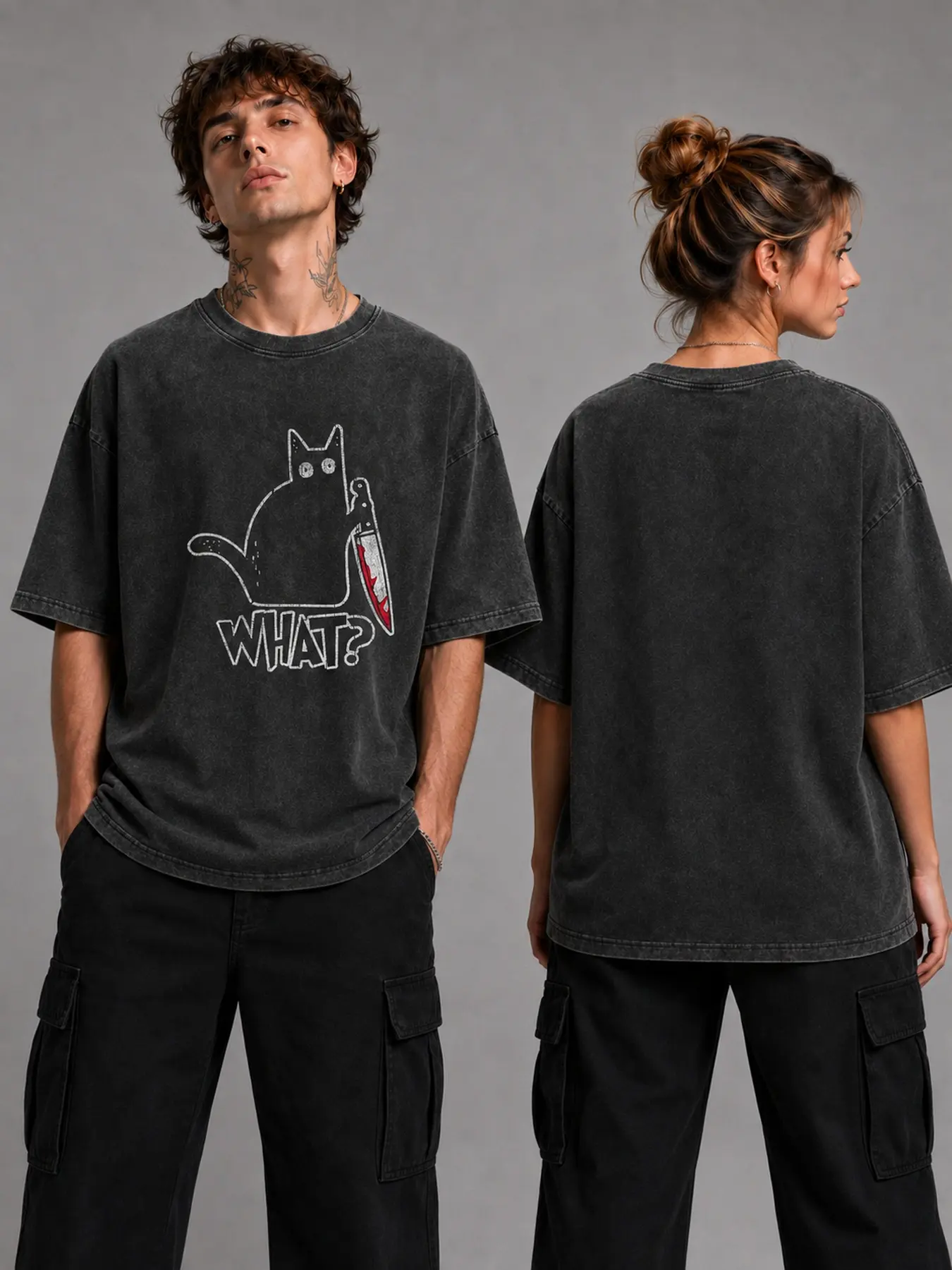 What Black Cat Holding Knife Graphic T-Shirt Vintage Washed Black Oversized Tee, Perfect Gift Cool Shirts,Graphic Washed Oversized Tees for Men & Women,Summer Round Neck Short Sleeve ,Sports Shirt,Workout T-shirt