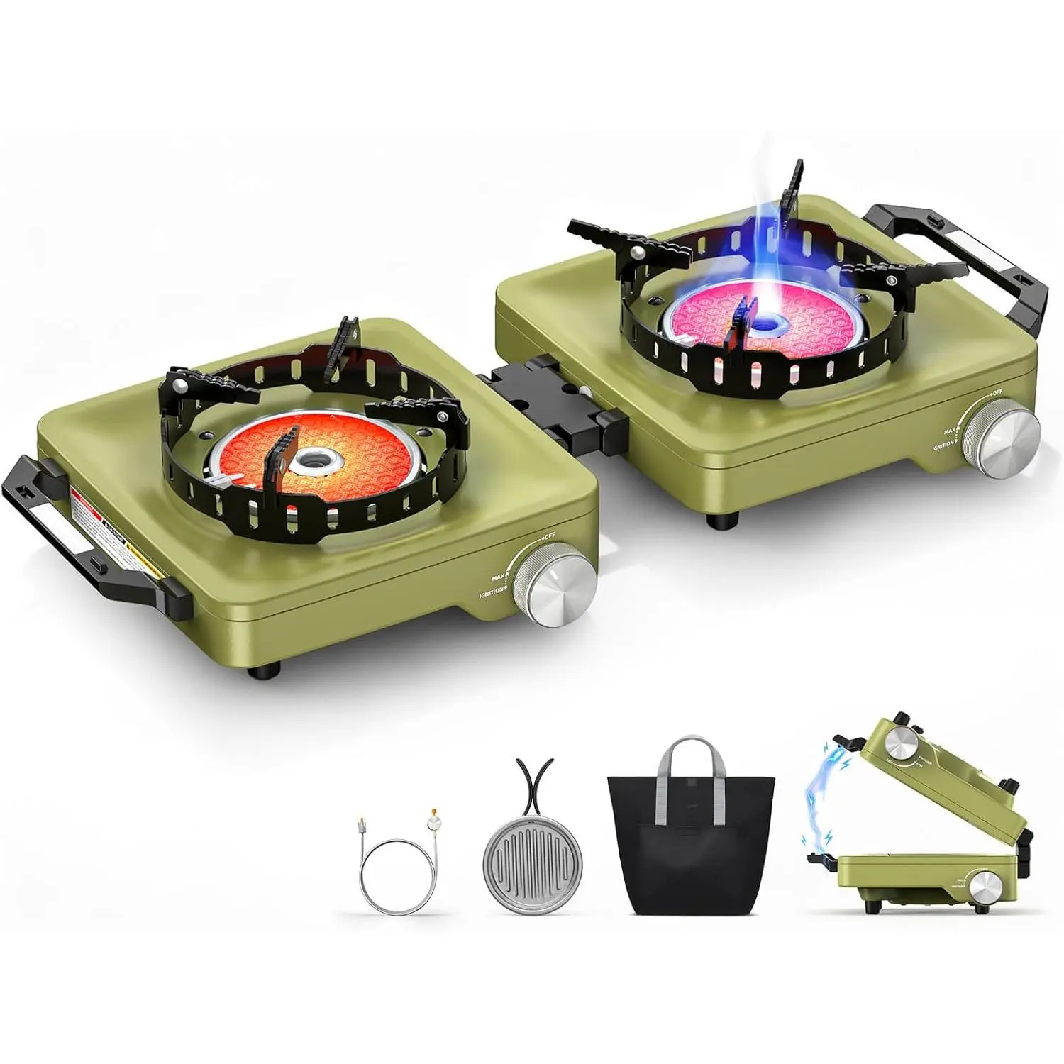 Propane Camping Stove 2 Burner, 36,000 BTU Infrared & Open Flame Hybrid, Windproof Folding Portable Outdoor Gas Cooking Kit with Frying Pan & Carry Bag For RV, Tailgating, Survival, Green