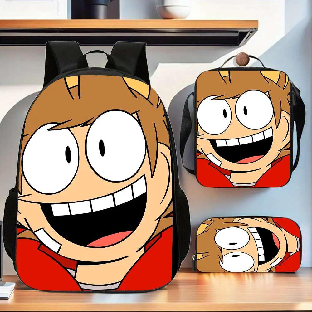 Kids' 3-Piece Waterproof 600D Oxford Character-Themed Backpack Bundle - Tom Eddsworld Big Grin Horns Red Coat Print, Lightweight Straps, Lunch Bag, Pencil Case, Zipper Closure, Child Size, First Day of School for Elementary Animation Fans Daily Commute, C