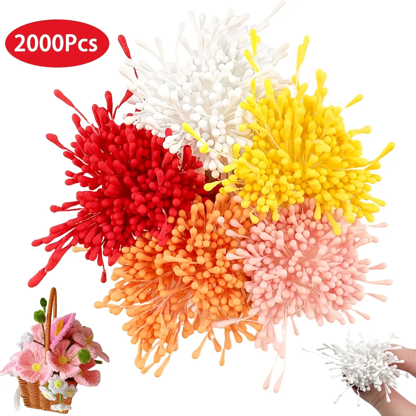 2000pcs Double Heads Handmade Flower Stamens 5 Colors 2 mm Pearl Stamens for DIY Bouquet, Flower Making, Artificial Floral Pistil for DIY Crafts, Wedding, Card Scrapbook Decoration