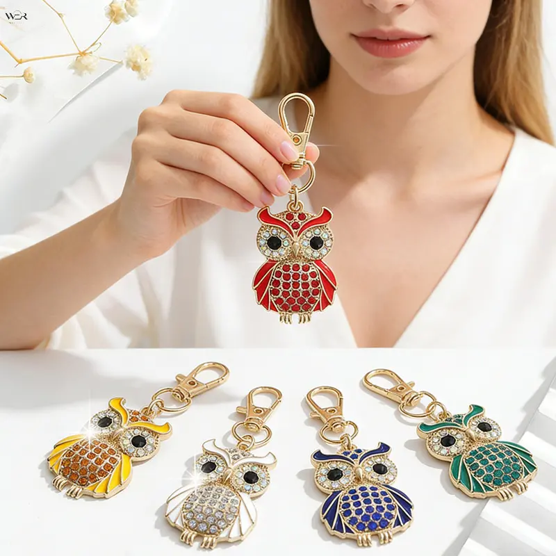 Rhinestone Owl Keychain Charm for Women, Sparkly Crystal Enamel Owl Pendant Key Ring with Lobster Clasp, Cute Animal Decor Key Accessory for Car Key Handbag Purse Backpack, 5 Colors White Red Royal‑Blue Green Yellow
