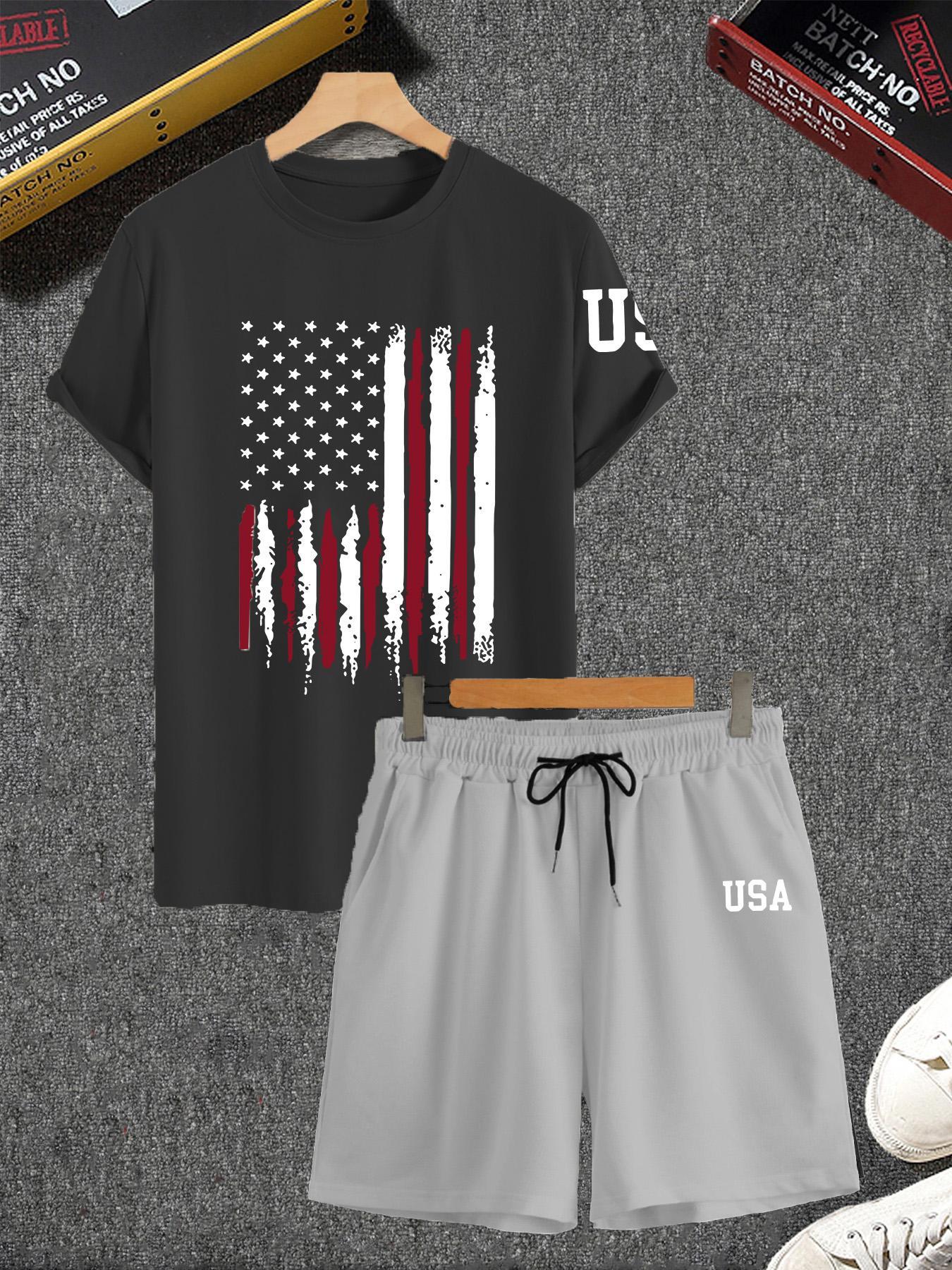 Two-piece Set Men's Flag Graphic Fitted Sleep Tee & Letter Print Elastic Drawstring Pocket Shorts Pajama Set, Comfy Men's Sleepwear & Loungewear Set for All Seasons