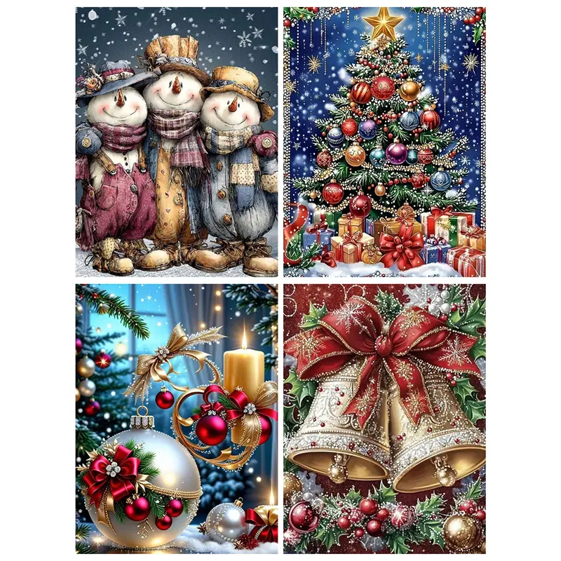 5D DIY Acrylic Diamond Painting Kit - Vintage Winter Design with Snowman, Christmas Tree Bauble, Golden Bell, Ideal for Xmas Gifts & Rustic Farmhouse Wall Decor, Relaxing Hobby Craft for DIY Needlework Enthusiasts