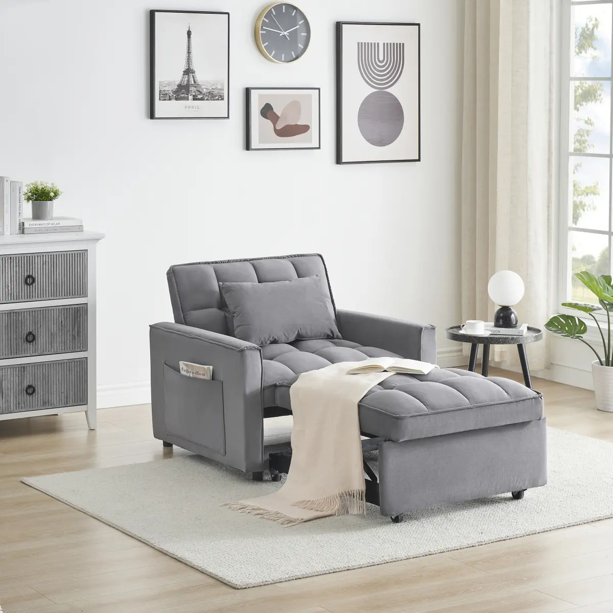 Aobtkel 3-in-1 Convertible Sofa Bed Chair - Compact Single Seat Recliner with Adjustable Back, Ideal for Small Spaces, Available in Black & Dark Grey, One Person
