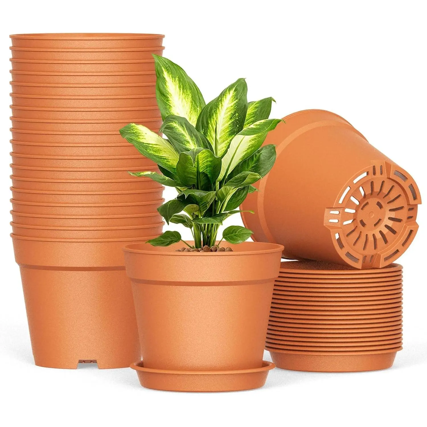 20-Pack 6-Inch Stackable Terracotta Plastic Nursery Planters with Drain Holes and Saucers, Functional for Indoor Houseplants & Herbs, With Saucer