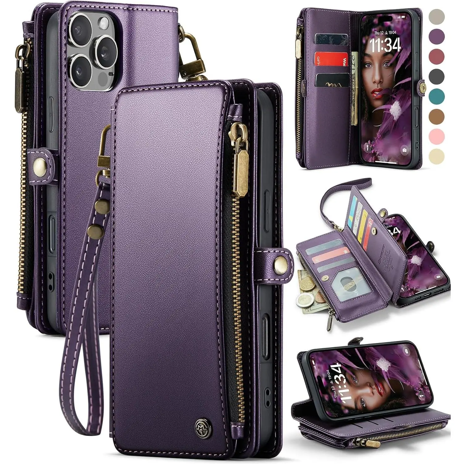 Compatible with  16 Pro Max Case Wallet with RFID Blocking Card Holder for Woman, PU Leather  Snap Flip Zipper Strap Wallet Phone Case Fit for  16 Pro Max 6.9",