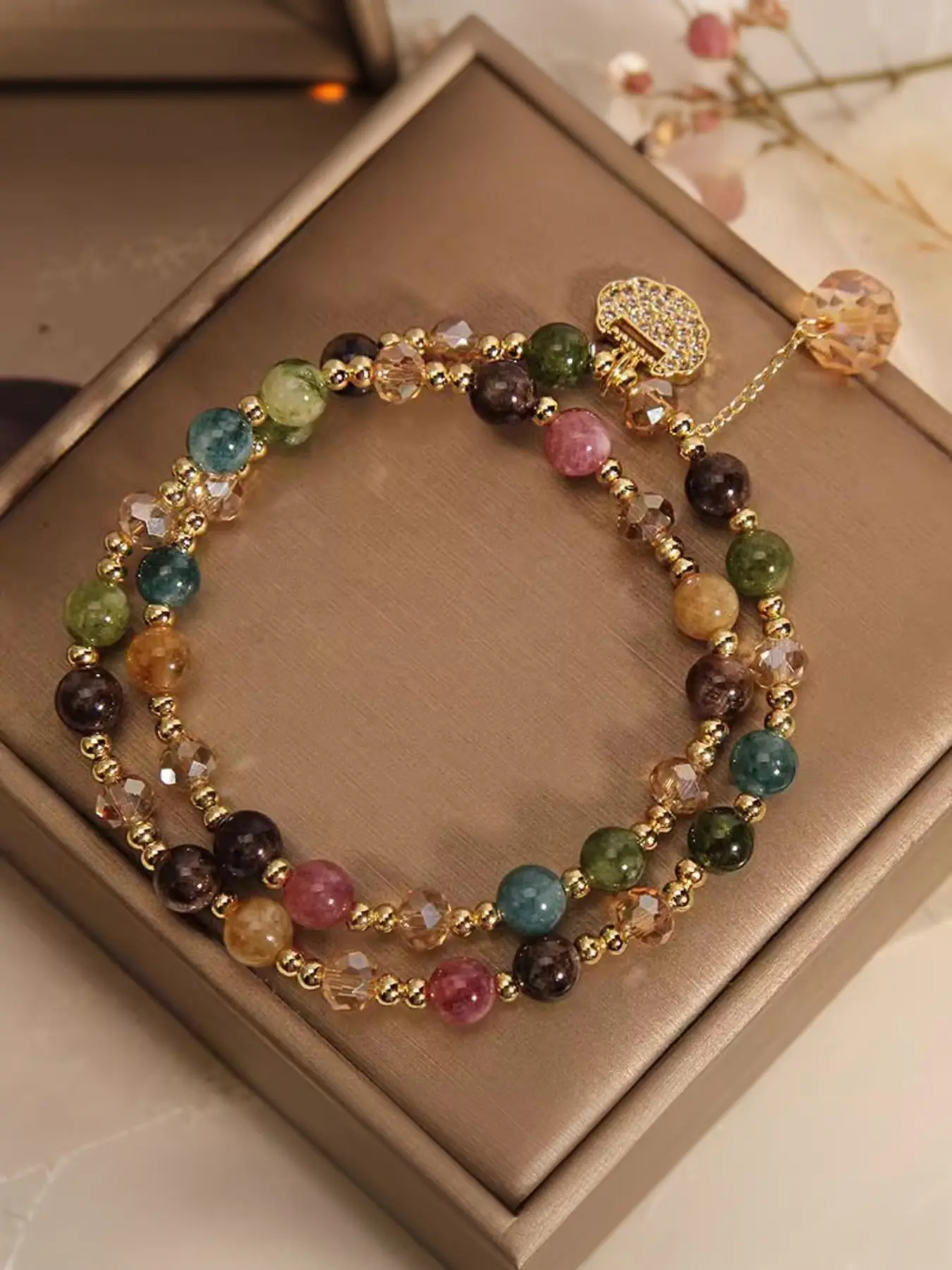 High-end double-layered rainbow tourmaline bead bracelet, bohemian style bracelet with an exquisite longevity lock, unique women's jewelry, Crystal bracelets