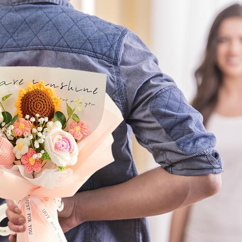 Crochet Flower Sunflower & Rose Bouquet Handmade Artificial Flower Knitted Bouquet for Festival Wedding Graduation Anniversary (Pink)