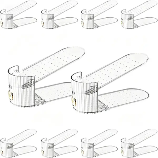 Adjustable Shoe Stacker Organizer, Space Saving Double Deck Shoe Riser for Closet, Shoe Holder for Pair of Shoes, Clear Shoe Slot Storage Rack, 10 Pack Reusable Shoe Rack
