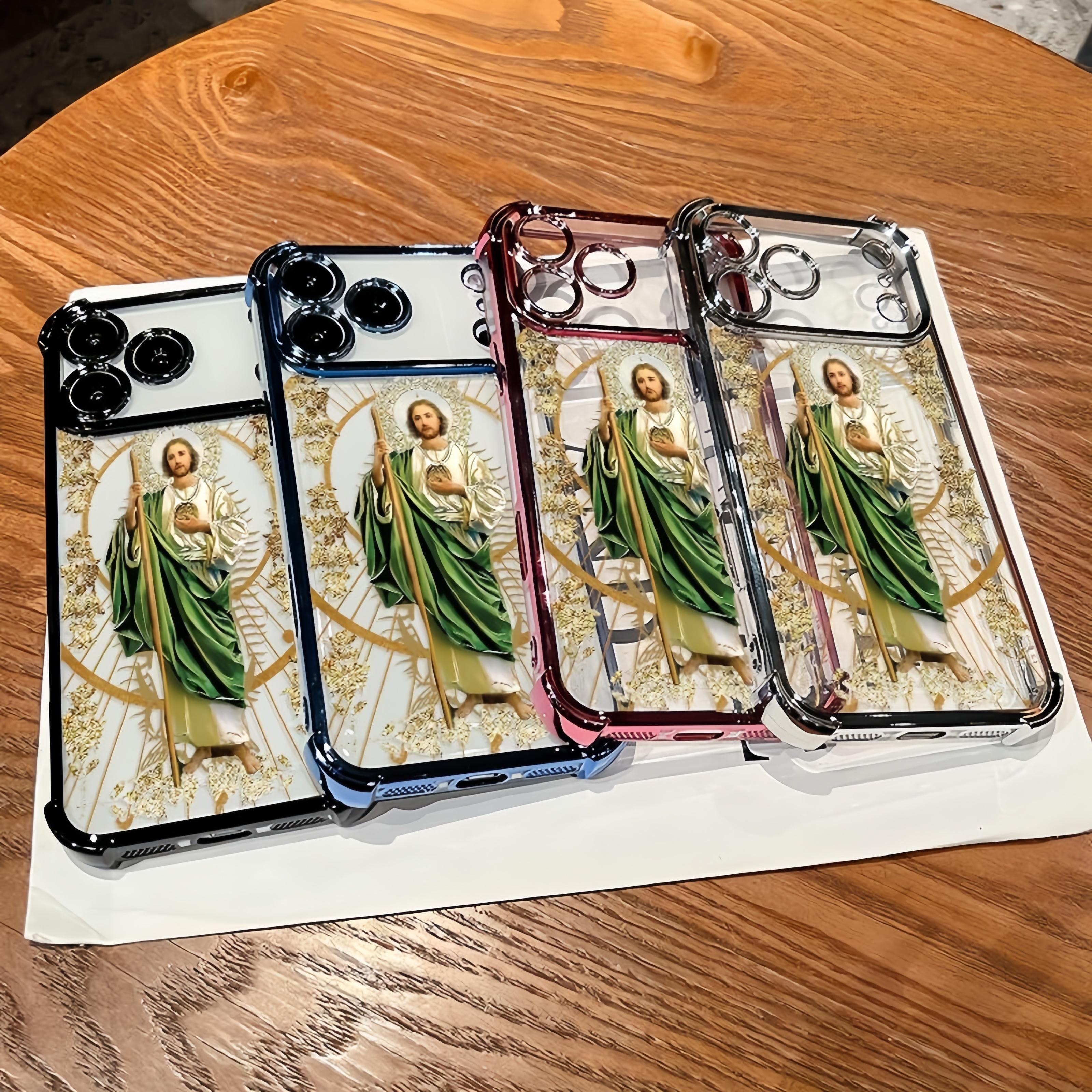 Luxury Saint Jude Thaddeus Transparent Electroplated Corner Shockproof Phone Case For iPhone 17 Pro Max 16 Air 15 Plus 14 13 12 11 E Heavy Duty Cushion Bumper Protective Cover Religious Gift For Men Women, Ideal Holiday Present