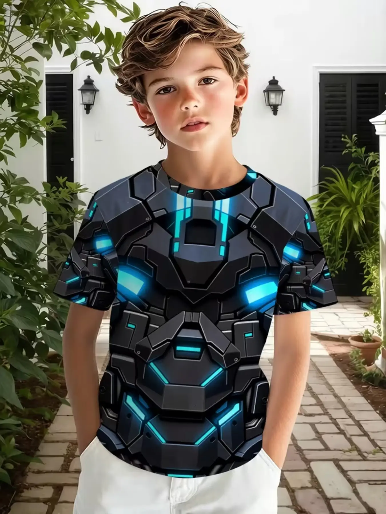 Boy's Outdoor Casual Sports Round Neck Short Sleeve T-Shirt, Tech Armor Pattern, 3D Print, Comfortable Breathable, Summer Wear, Vacation Style