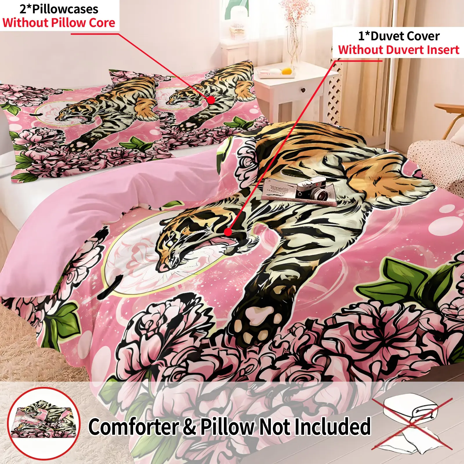 3PCS Floral Tiger Bedding Set Tiger Duvet Cover, 1 Duvet Cover + 2 Pillowcases, Full Size Brown Stripes Tiger Comforter Cover for Girls Lady Women, African Safari Theme Animal Print Quilt Cover Pink Bedroom Decor, Zipper Closure
