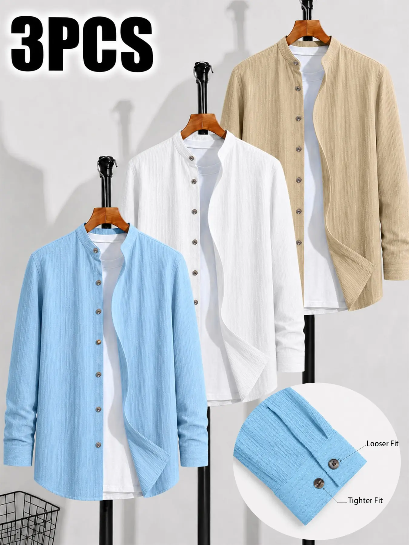 Men's 3pcs Long Sleeve Stand Collar Tailored Shirt Set, Textured Button Down Tops, Adjustable Cuffs, Multi-Pack for Daily Wear and Vacation