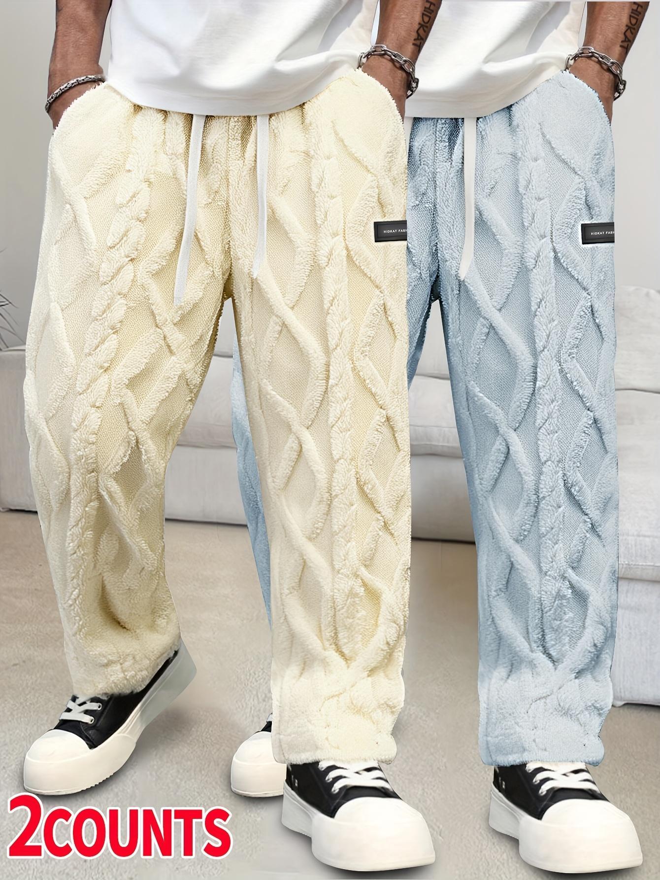 Men's double-sided velvet thickened linen casual pants (2 pieces) Autumn and Winter Plush Loose Leg Warm Home Pants (2-piece Set) Drawstring elastic waist plus plush wide leg pants