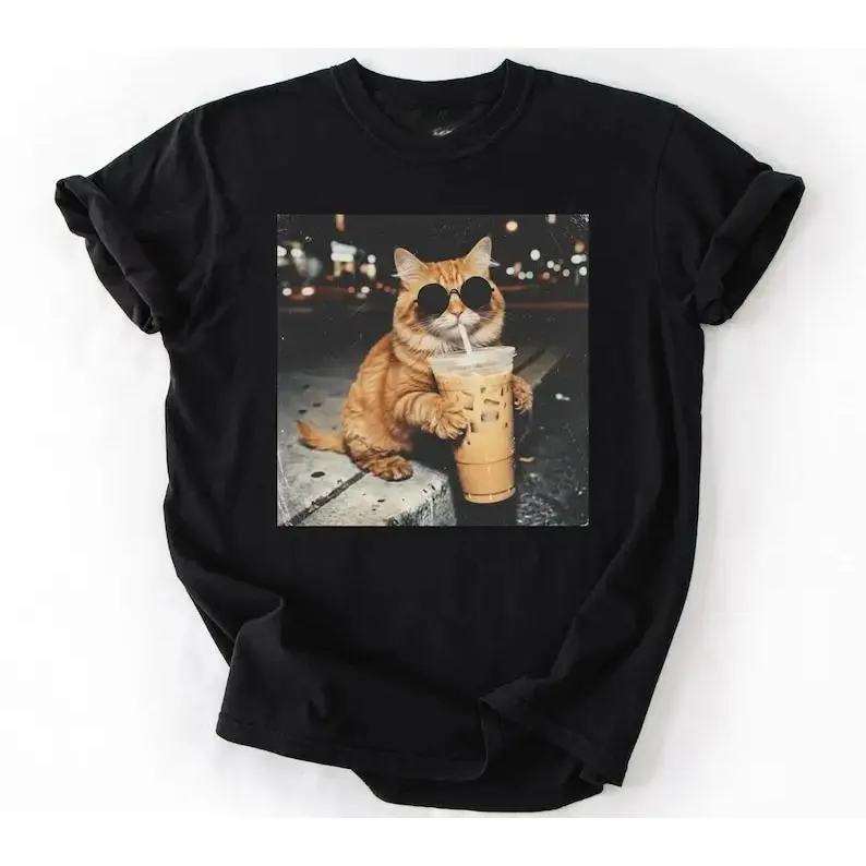 Cool Cat Iced Coffee Shirt, Funny Meme Cat Tee, Viral Internet Humor T-Shirt, Coffee Lover Graphic Tee, Trendy Streetwear Cat Shirt Gift