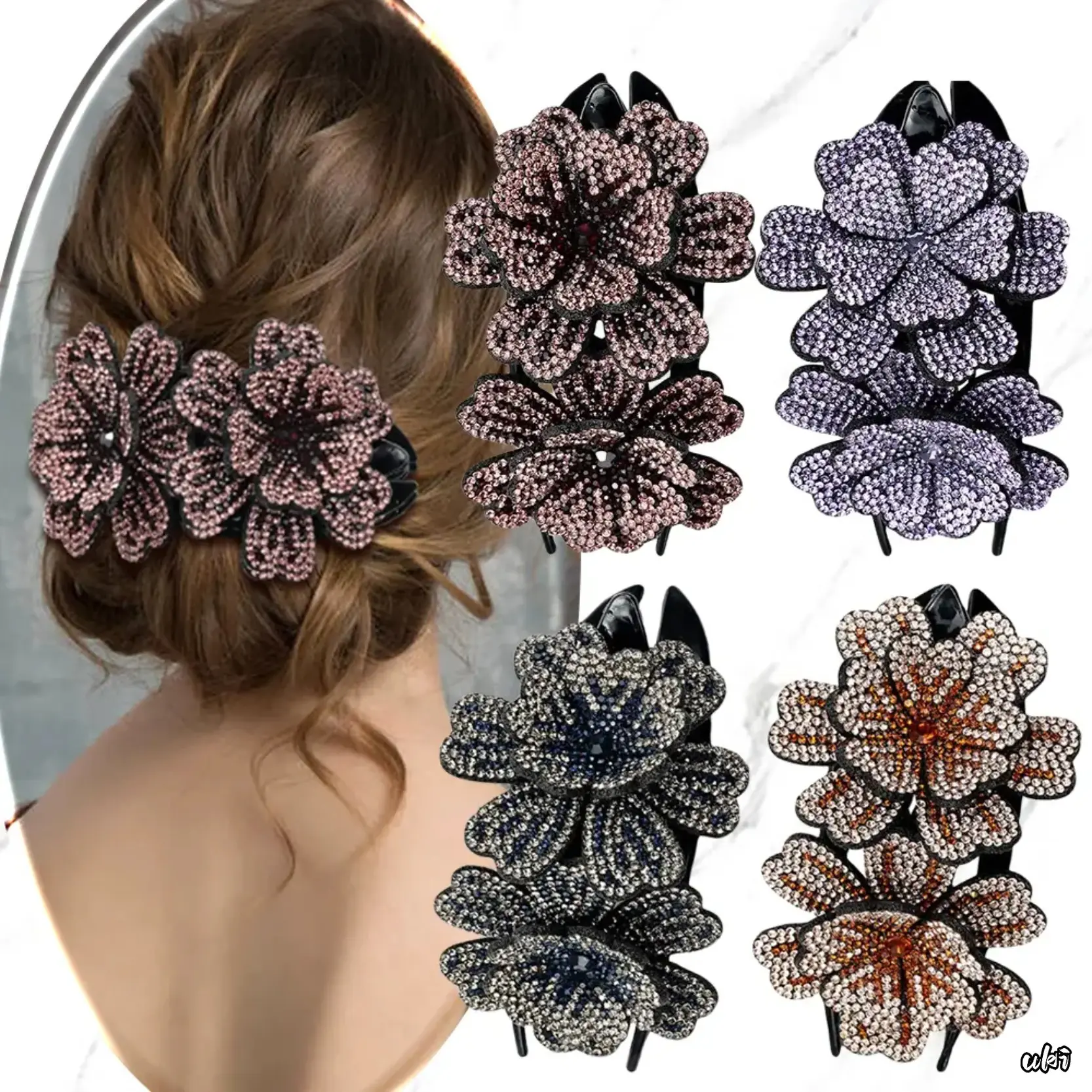4Pcs Luxury Sparkly Crystal Rhinestone Double Flower Hair Claw Clips, Korean Glitter Gem Decor Plastic Barrettes, Fashion Hair Accessories For Women Girls With Thick Long Hair