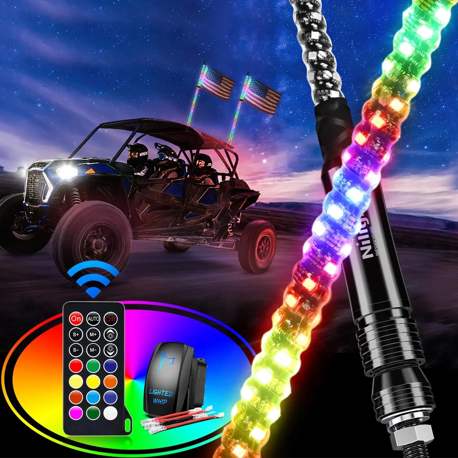 Nilight 2PCS 2FT Waterproof Spiral RGB LED Whip Lights - Chasing/Dancing Effects, RF Remote Control, Lighted Spiral Antennas, Compatible with UTV, ATV