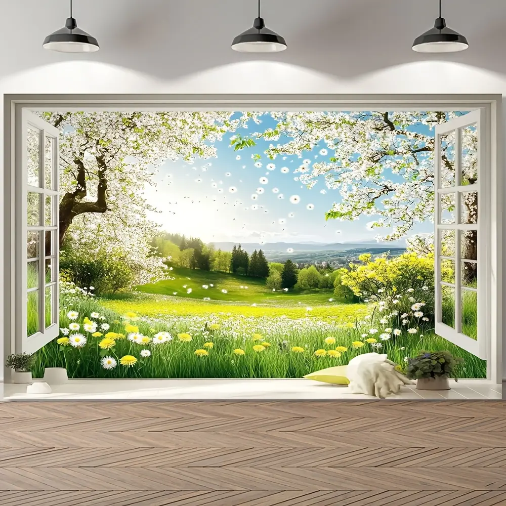 Light Spring Blossom Window Wall Hanging Tapestry, Soft Textile Home Furnishing, Ideal for Photo Studio, Thoughtful Gift Option